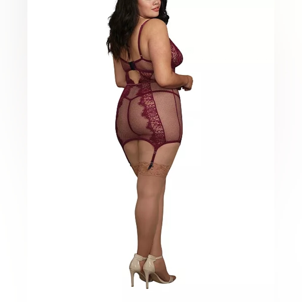 DREAMGIRL | "What A Mesh" Fishnet & Lace Chemise in Mulberry sz 3X - Picture 3 of 8